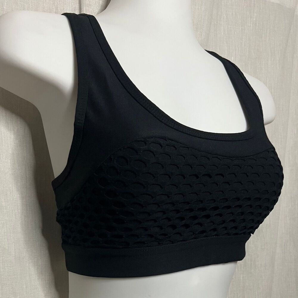 90 Degree by Reflex Women's Black Fishnet & Mesh Cut-Out Back Sports Bra Size M